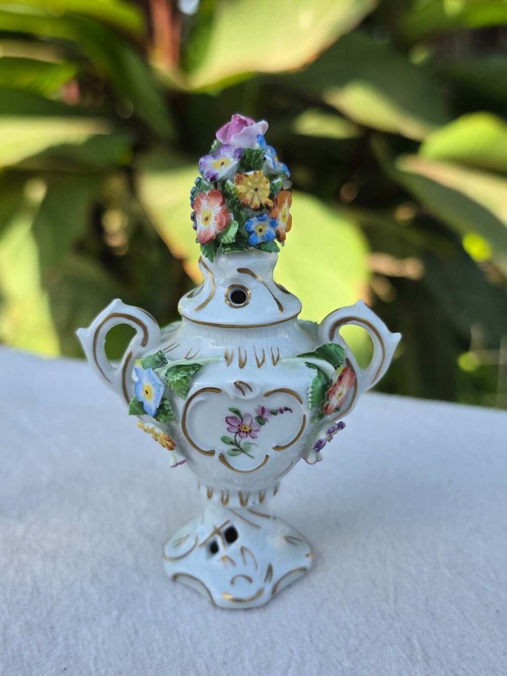 German Porcelain Floral Encrusted Lidded Potpourri Urn Vase